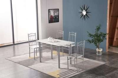 SET TAVOLO CON 4 SEDIE 120X70 CM EFF.MARMO CHIARO