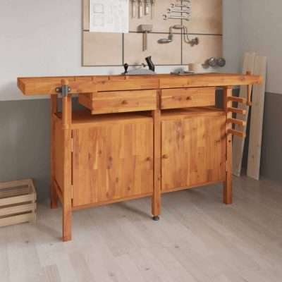 vidaXL Banco da Lavoro con Cassetti e Morse 162x62x83 cm in Massello di Acacia