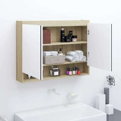 Armadietto a Specchio da Bagno 80x15x60 cm in MDF Bianco e Rovere