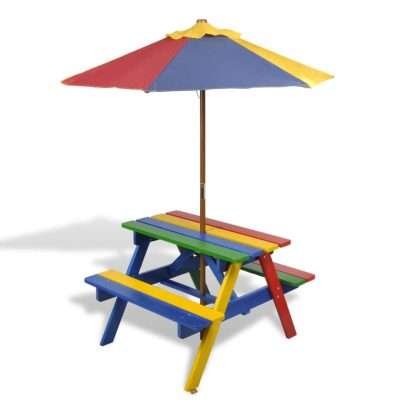 Tavolo da Picnic per Bambini con Panche e Ombrellone in Legno Multicolore