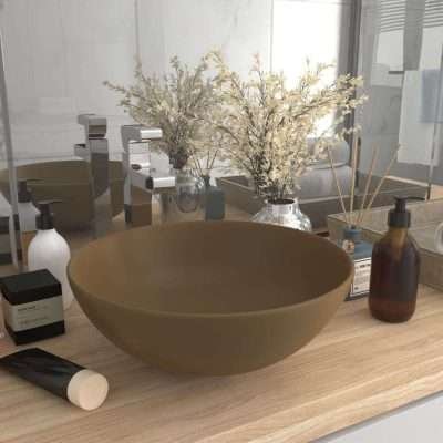 Lavandino Bagno in Ceramica Crema Opaco Rotondo