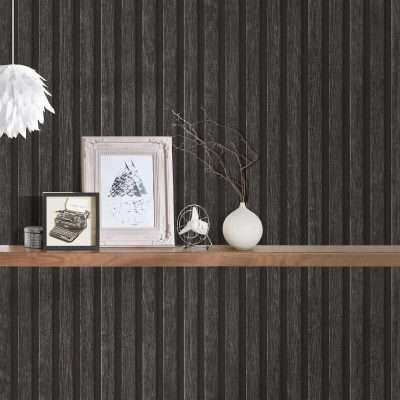 Parato a Doghe effetto legno Nero Grigio 0,53 X 10,05 Metri a rotolo