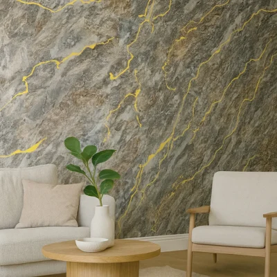 Pannello Effetto Marmo 120 cm x 300 cm Alta resistenza Cemento e Oro - immagine 2