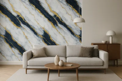 Pannello Effetto Marmo 120 cm x 300 cm Alta resistenza Bianco con Sfumature Blu e Oro