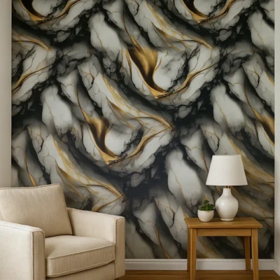 Pannello Effetto Marmo 120 cm x 300 cm Alta resistenza Bianco con Venature Nero e Oro - immagine 2