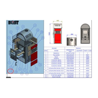 R MANIGLIA ( 3581)X STUFA LEGNA  8 KW VIENNA BORDEAUX